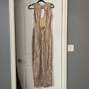 Gold open back deep V maxi with slit
